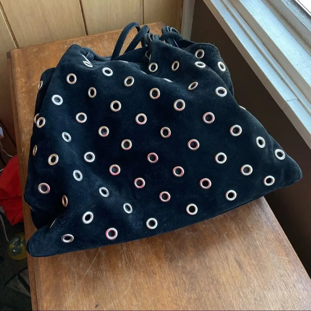 VTG 90s Jane August Luxury Black Suede Silver Grommet Eyelet Hobo Bag Purse